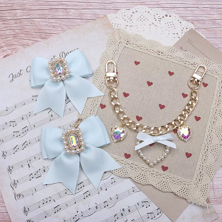 Ryousangata Bag Chain & Bow Charm, Heart-Shaped Rhinestone (Aqua) 45075:839494