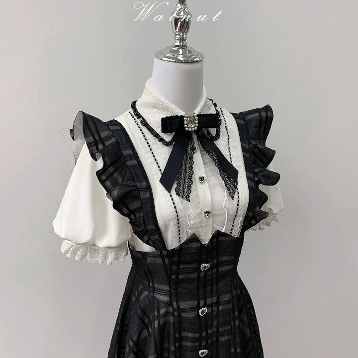 Black Jirai Kei Plaid Suspender Skirt Set with White Blouse 42918:757783