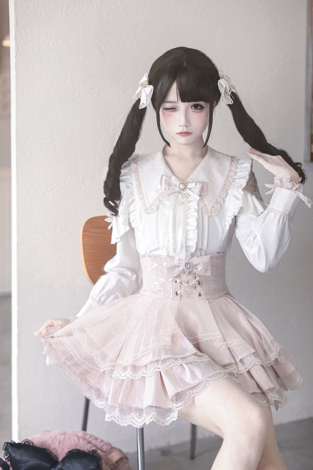 Jirai Kei Long Sleeve Blouse, Lace Open-Shoulder 44588:815045