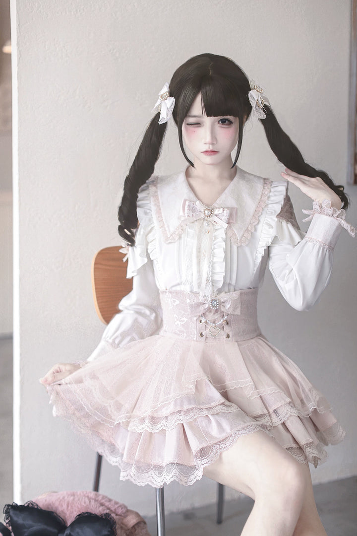 Jirai Kei Long Sleeve Blouse, Lace Open-Shoulder 44588:815045