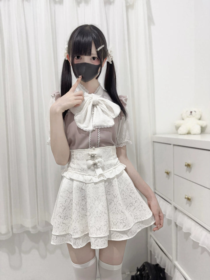 Jirai Kei Blouse Lace Bow Tie Lace Short Sleeve Shirt 38740:600510