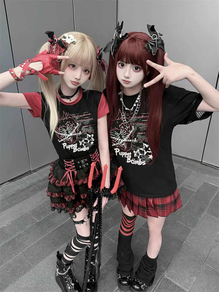 Punk Strawberry and Chain Print T-shirt, Red Plaid Skirt 45365:851400