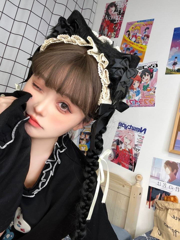 Lolita Headwear Handmade Cat Ears Hairband Black White Bow 28946:332822 28946:332822