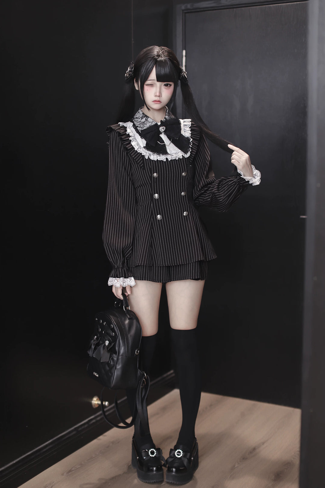 Black Striped Jirai Kei Set Up, Waist-cinching Dress 44921:828331
