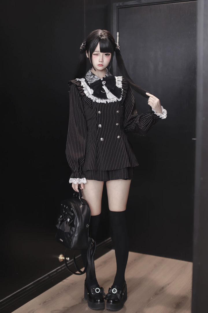 Black Striped Jirai Kei Set Up, Waist-cinching Dress 44921:828331