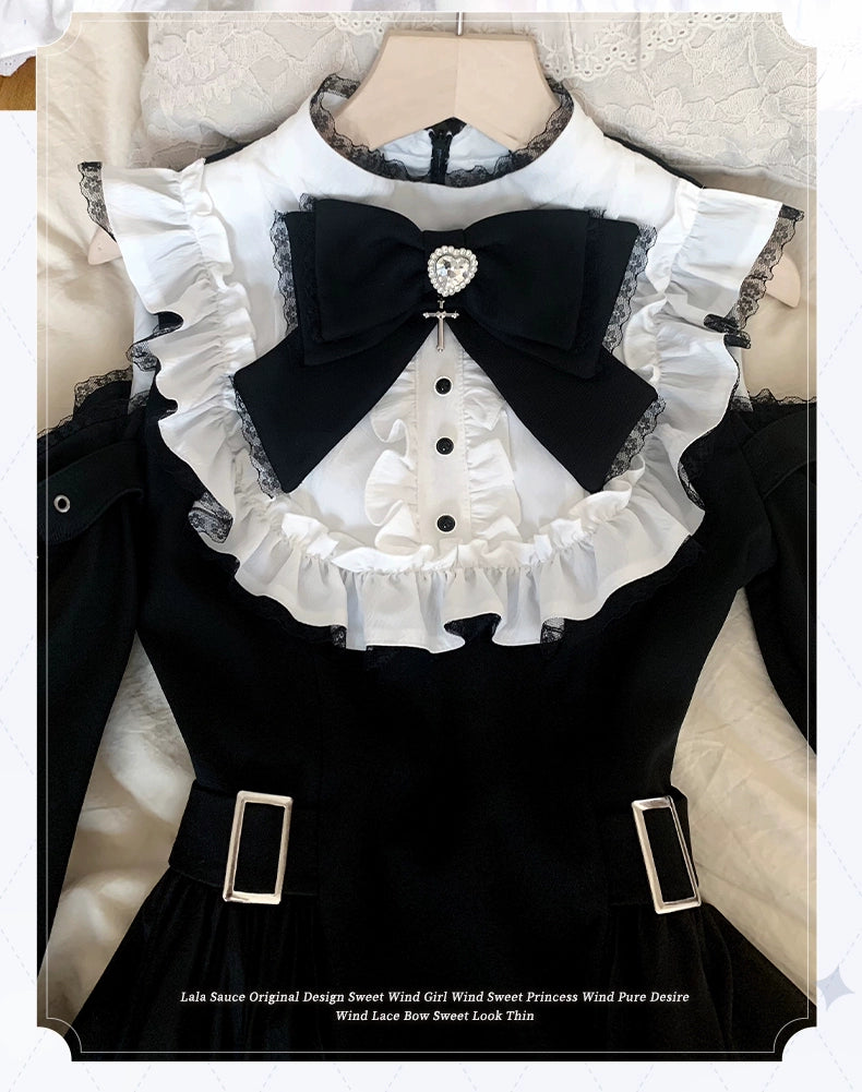 Gothic Open Shoulder Dress, Detachable Collar Bow 43655:782390