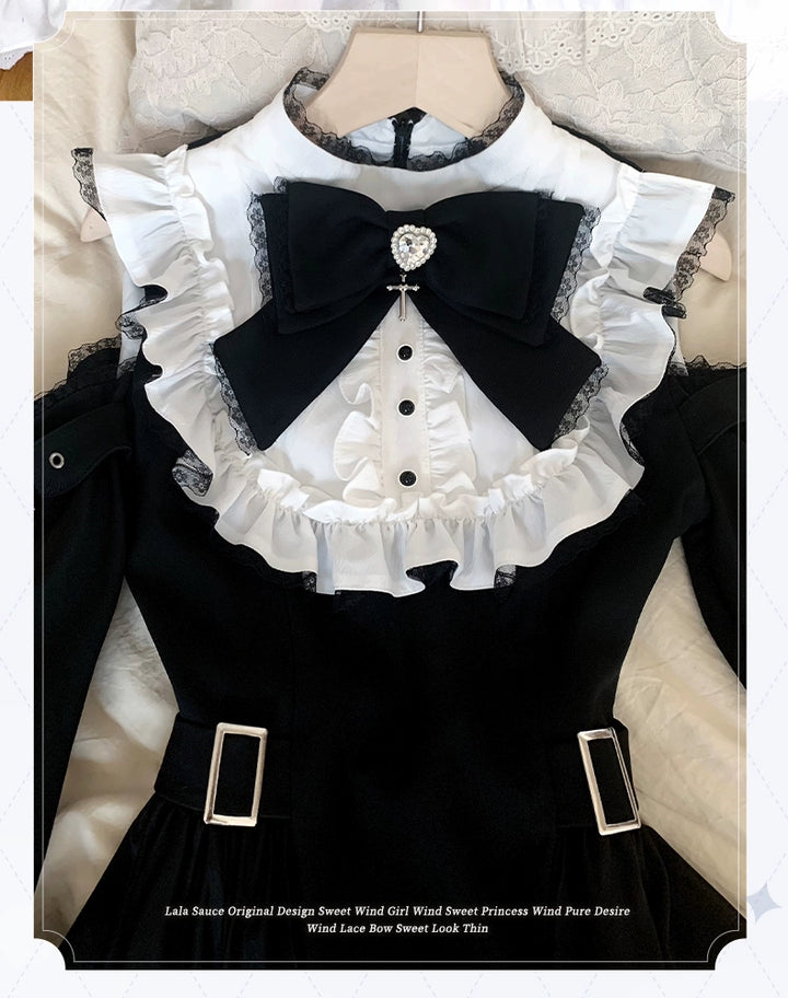 Gothic Open Shoulder Dress, Detachable Collar Bow 43655:782390