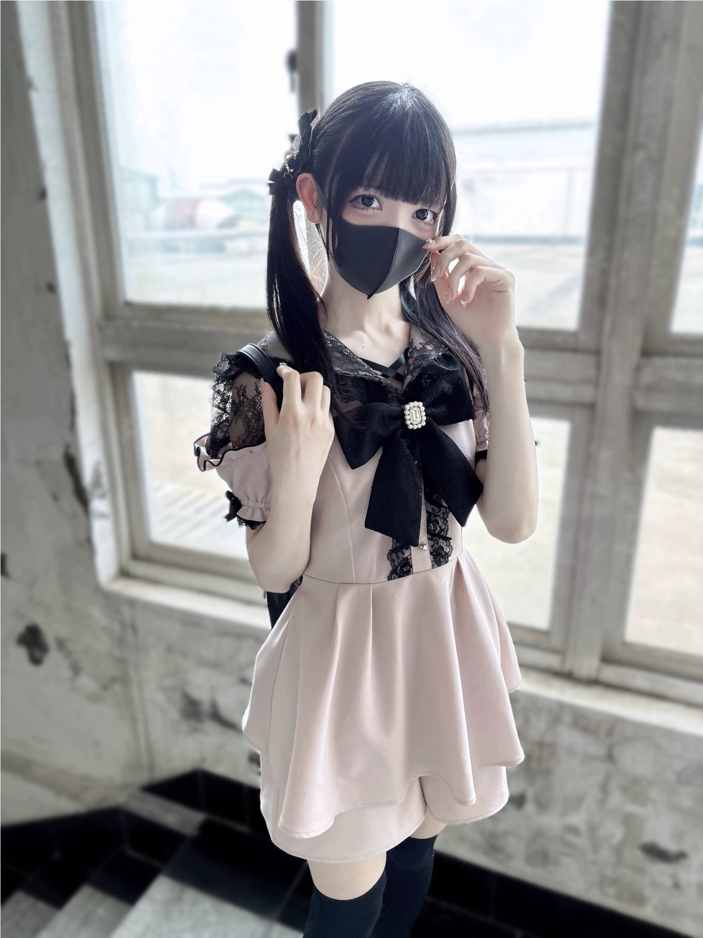 Jirai Kei Dress Set Pink Black Open-Shoulder Winged Collar Dress 37660:577994