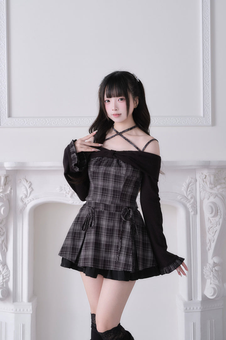 Jirai Kei Plaid Top and Skirt Set, Halter Neckline 44814:822662