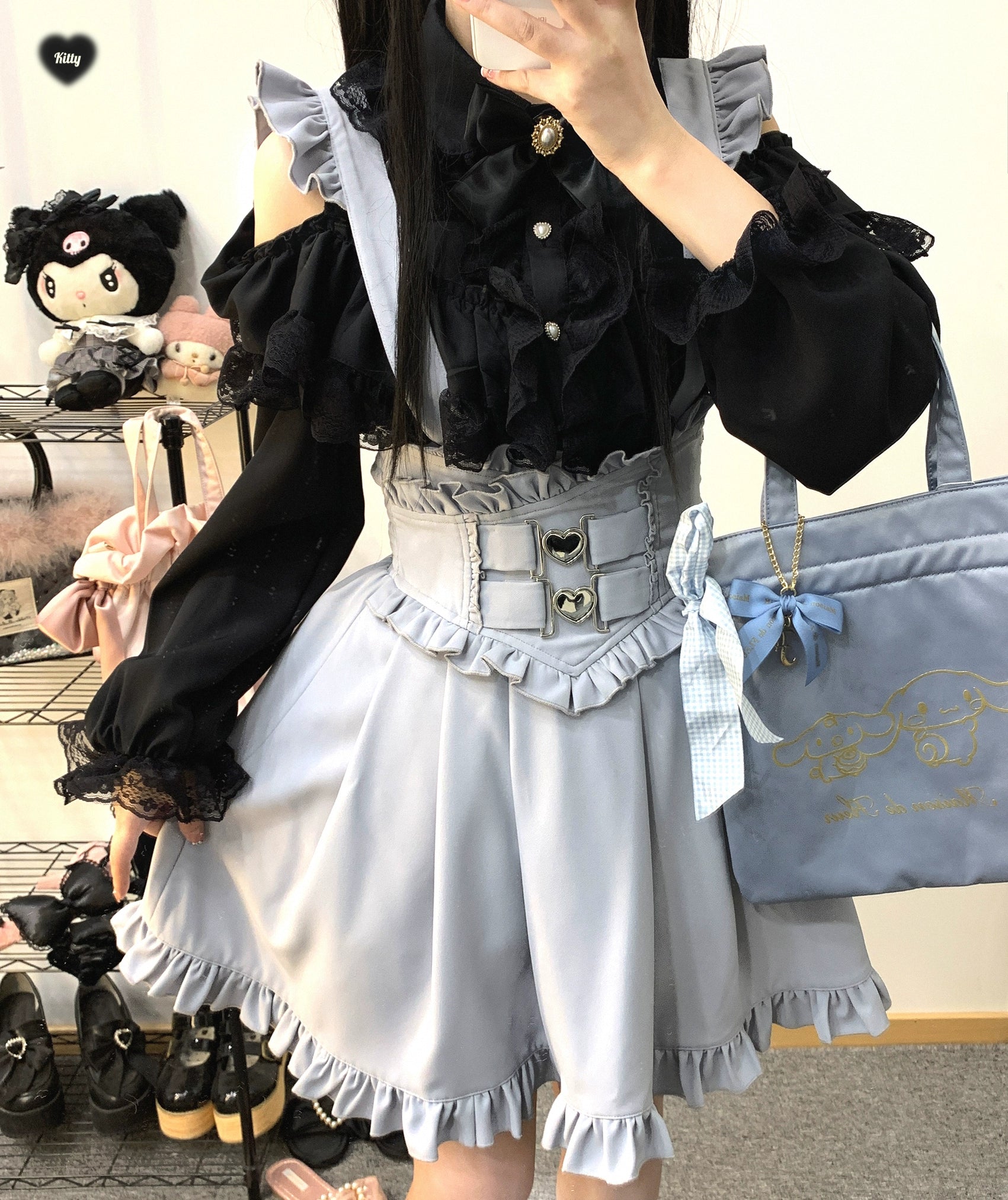Jirai Kei Skirt High Waist Heart Button Lace Cross Overalls