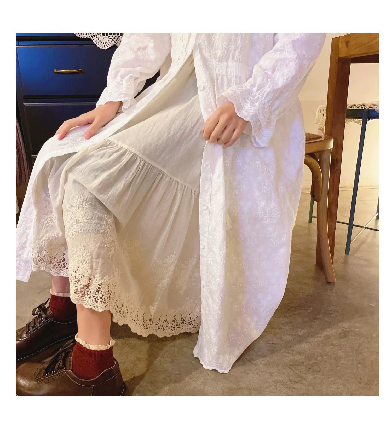 Mori Kei Underskirt Cotton Hollow Lace Spliced Skirt 36220:524650