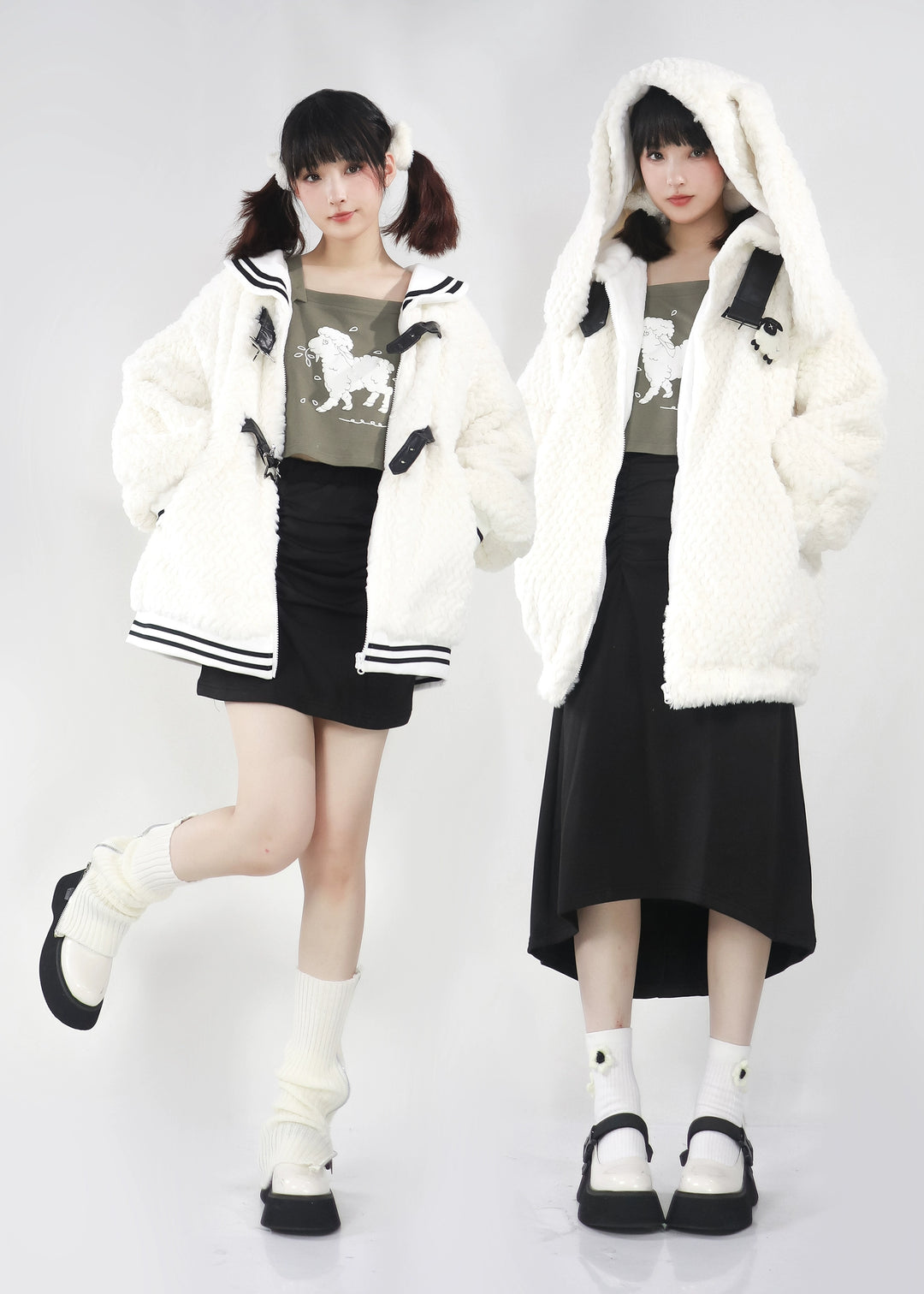 Kawaii Winter Coat Bunny Ears Fur Coat Skirt Set 40242:664230