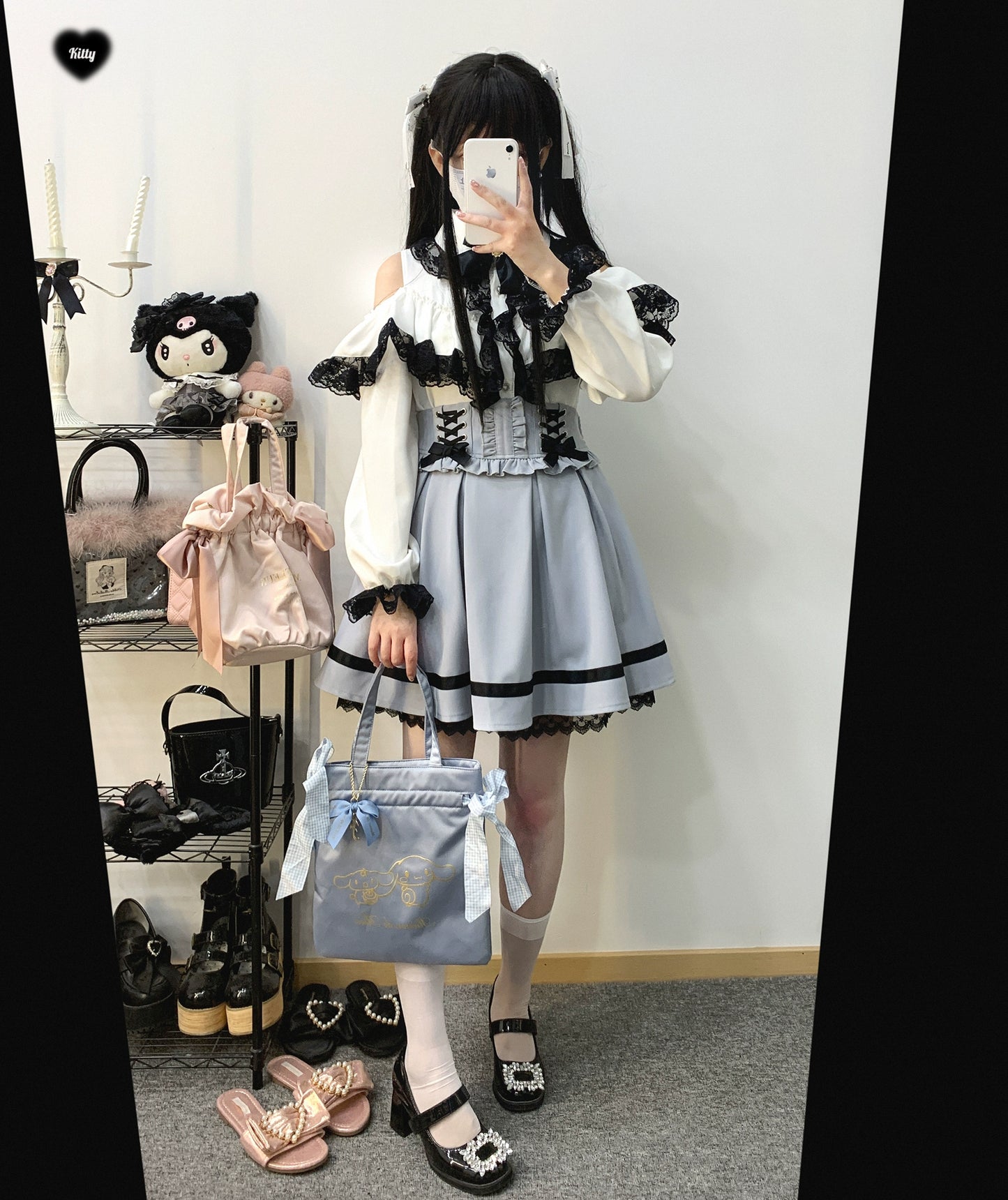 Jirai Kei Skirt High Waist Lace Up Skirt With Bow Tie 31860:396674