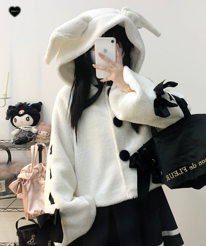 Jirai Kei Winter Coat White Black Plush Jacket With Rabbit Ear 31854:372622 31854:372622