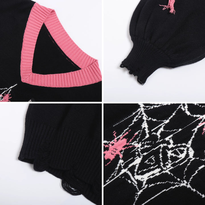 Black Pink Sweater Star Knit V-neck Pullover Sweater 32462:423414