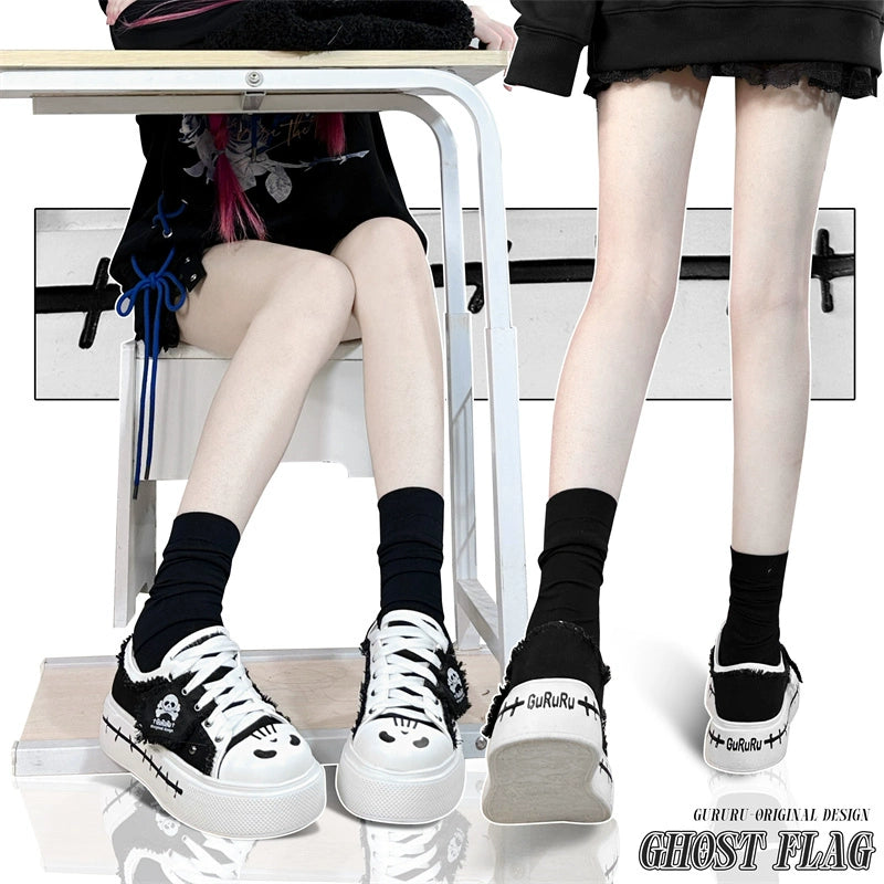 Y2K Subculture Girl Platform Canvas Black White Shoes 28960:343952