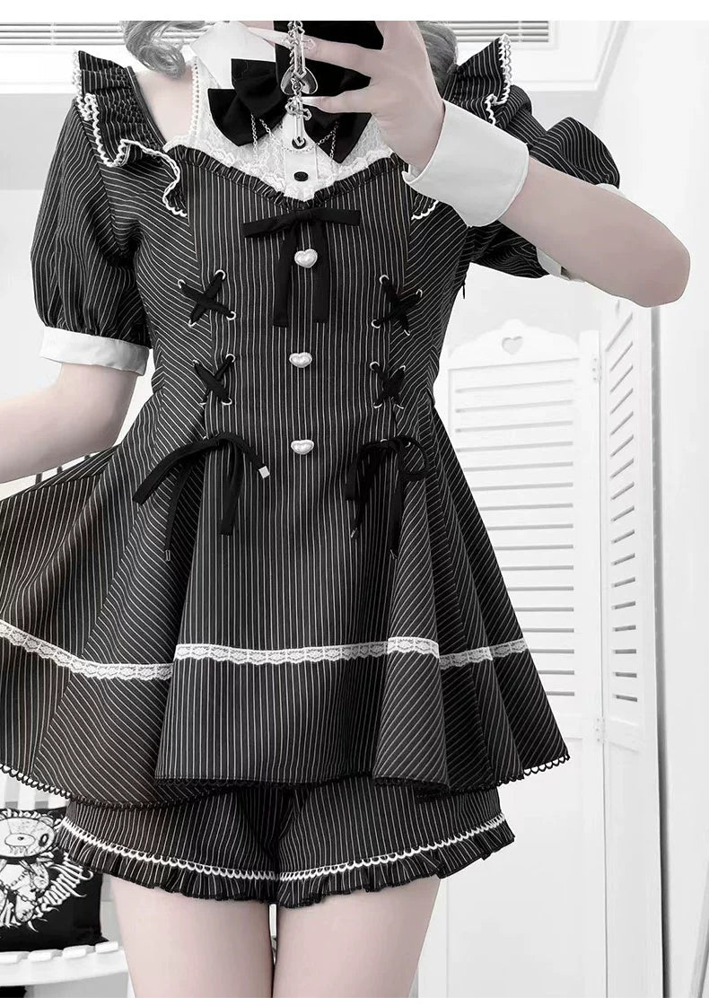 Jirai Kei Set Up, Striped Open-Shoulder Dress + Elastic Shorts 43545:779001