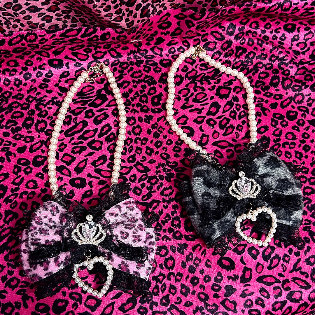 Gyaru Leopard Pearl Necklace, Crown and Heart Rhinestone 45563:852830