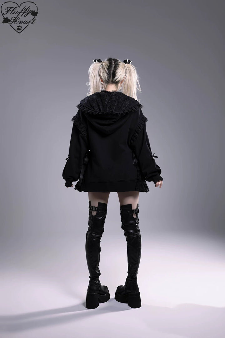 Lace-Trim Hoodie Coat, Side Pocket 45227:842212