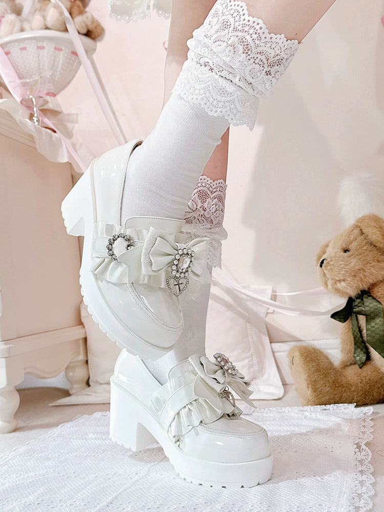 Jirai Kei Mid-Heel Loafer Shoes, Detachable Bow Clips 44005:792689