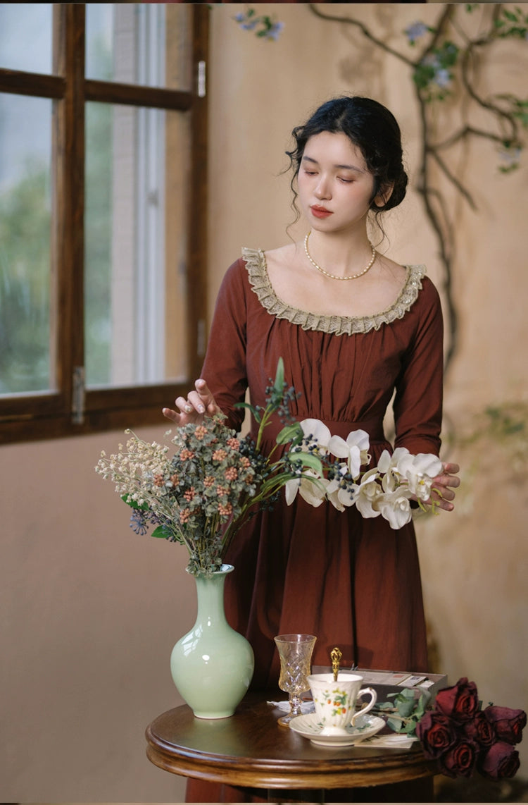 Mori Kei Dress Classical Oil Painting Dress Rust Red Dress 36348:544662