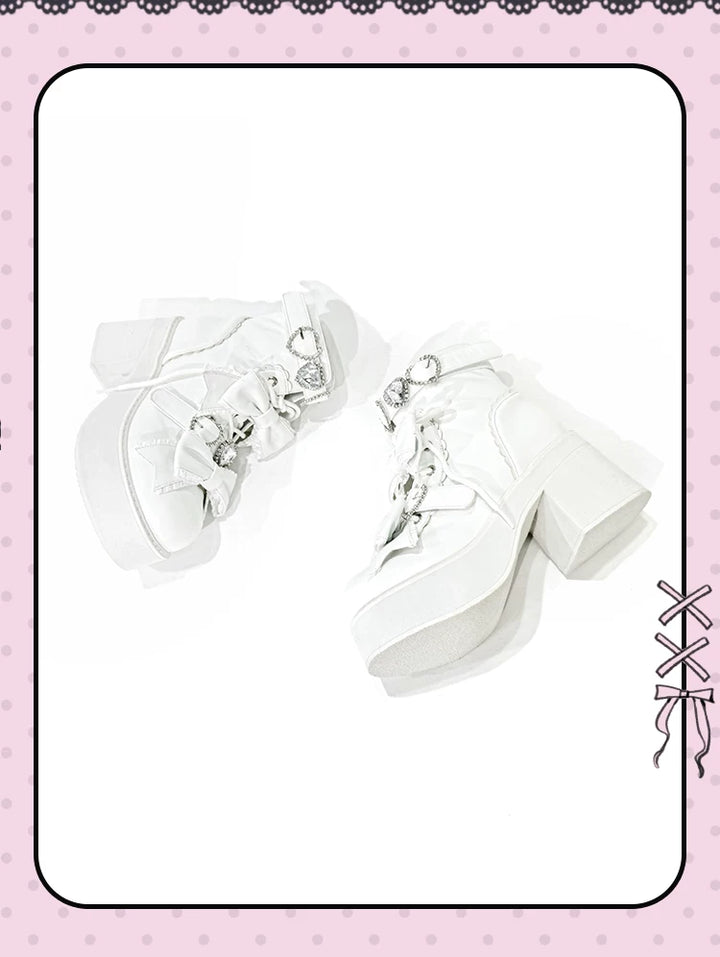 Jirai Kei Heeled Ankle Boots, Heart Rhinestone & Bows 45865:873144