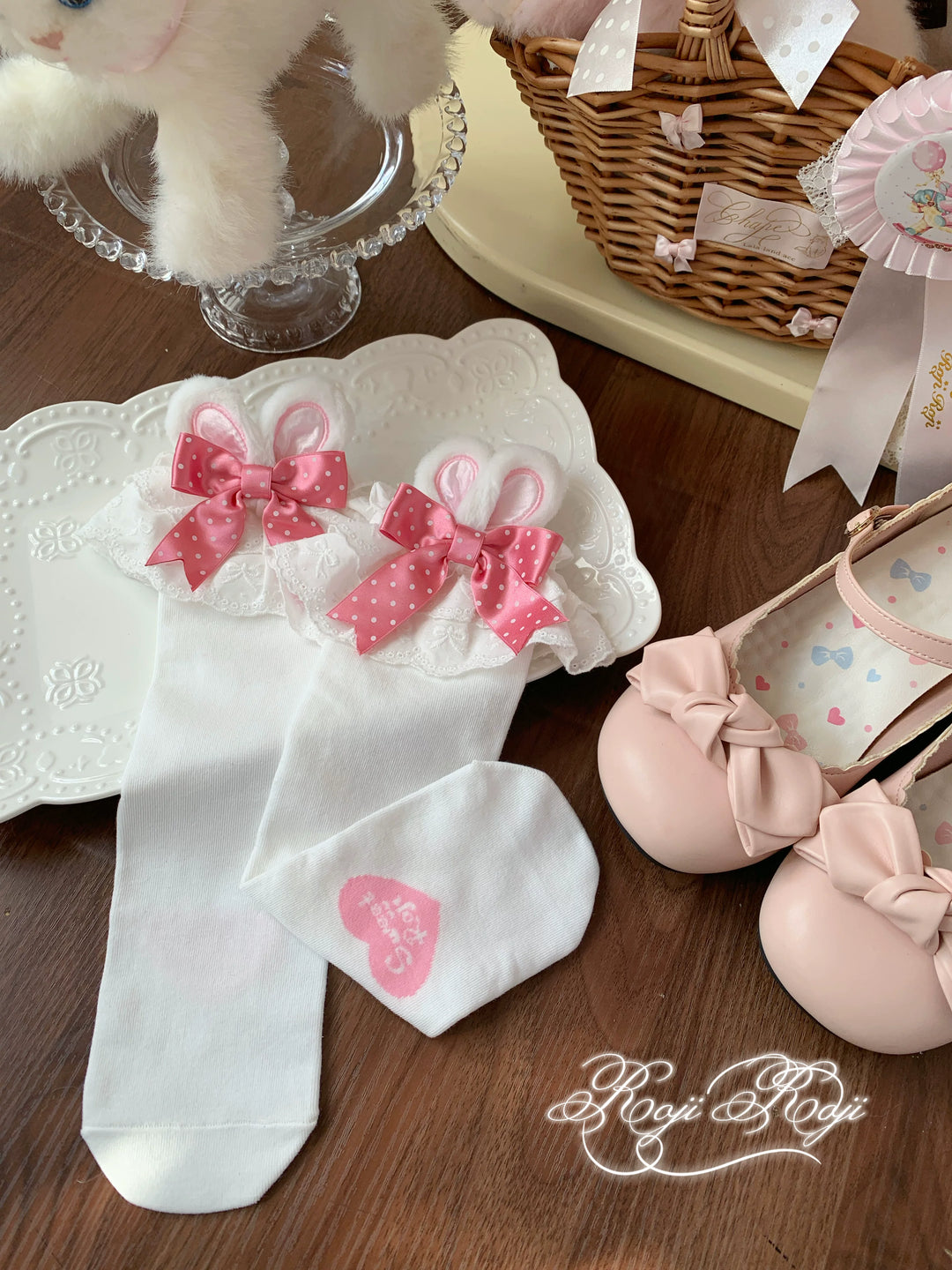 Sweet Lolita Mid-Calf Cotton Socks, Bunny Ears, Polka Dots 44712:819613