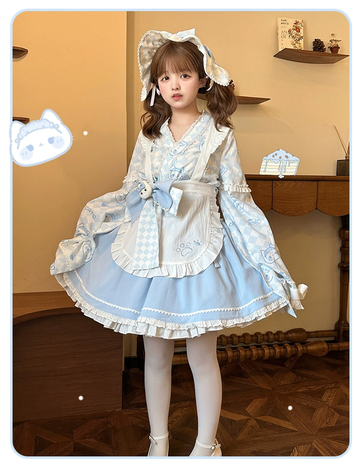 Kimono Lolita Plaid Princess Sleeve Shirt Kawaii Skirt Set 38964:606856