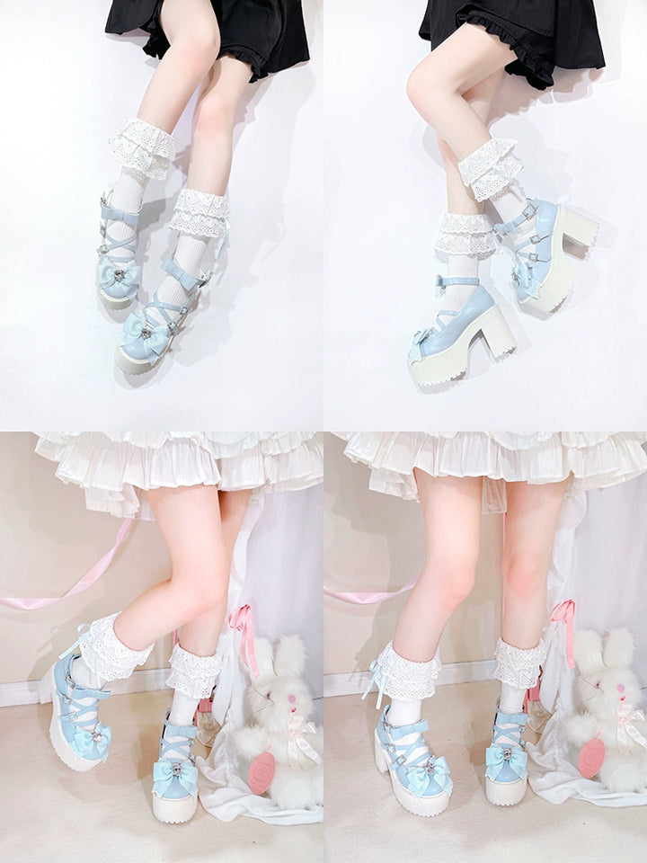 Jirai Kei Shoes Bow High-heeled Platform Ryousangata Shoes 38040:594250