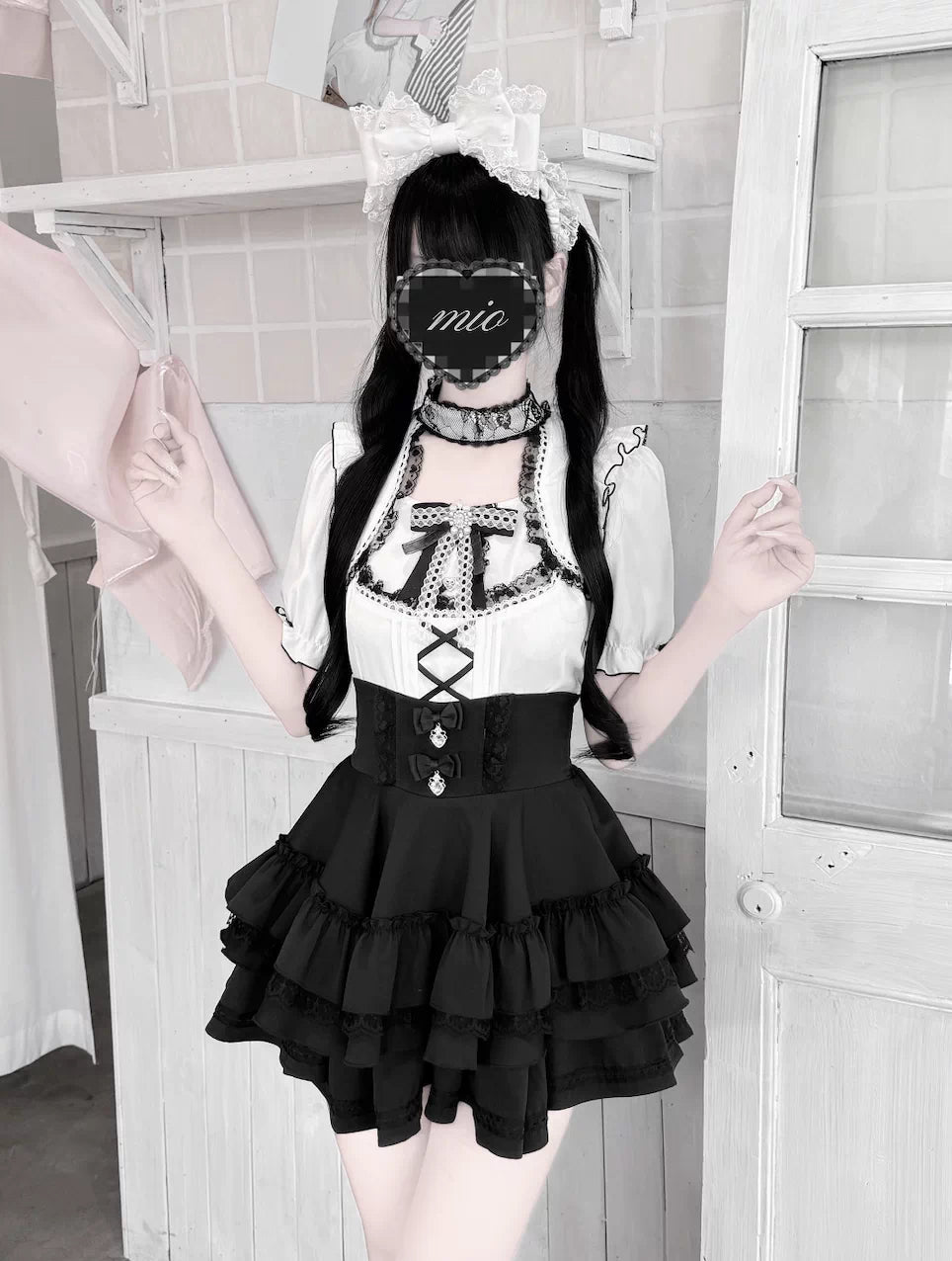 Jirai Kei Heart Lace Collar Blouse, High-waisted Tiered Skirt 45726:862570