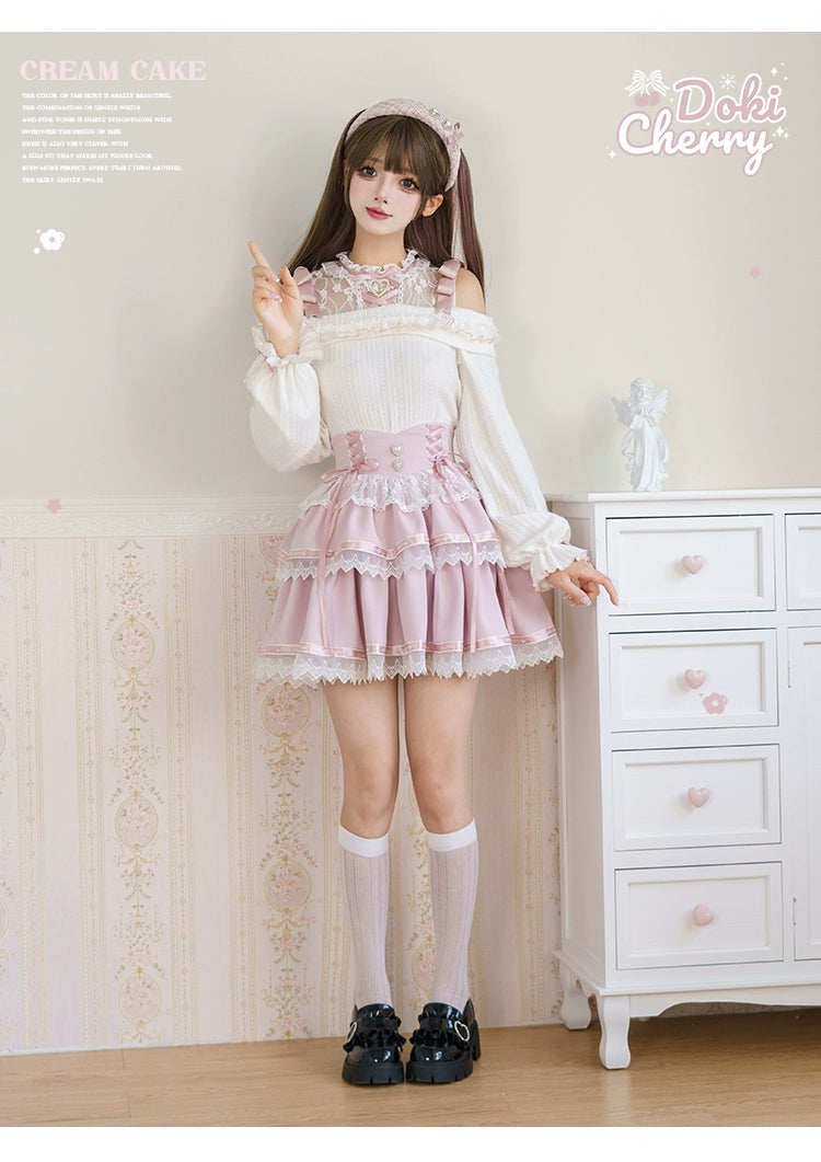 Jirai Kei Sweater Open-shoulder Sweater Pink Tiered Skirt 39408:628094