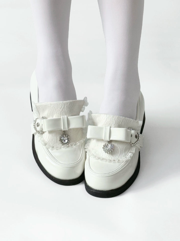 Jirai Kei Low-Heel Loafer Shoes, Rhinestones & Bow 43944:790321