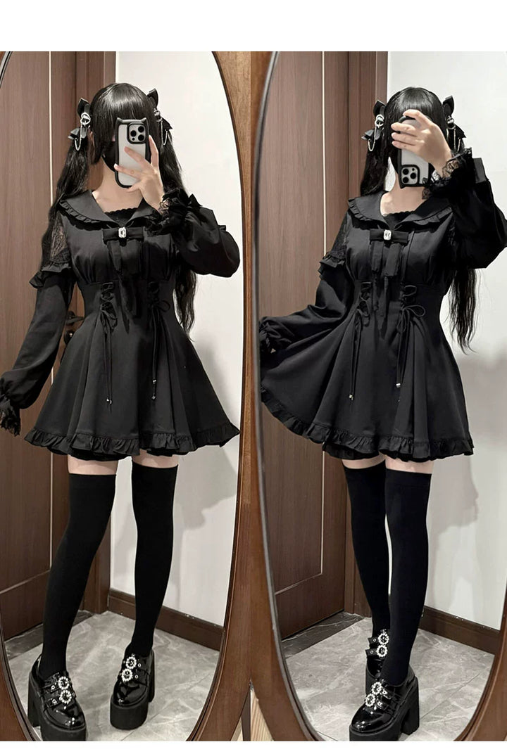 Jirai Kei Dress Set Black Sailor Collar Lace Dress Shorts 40076:649904