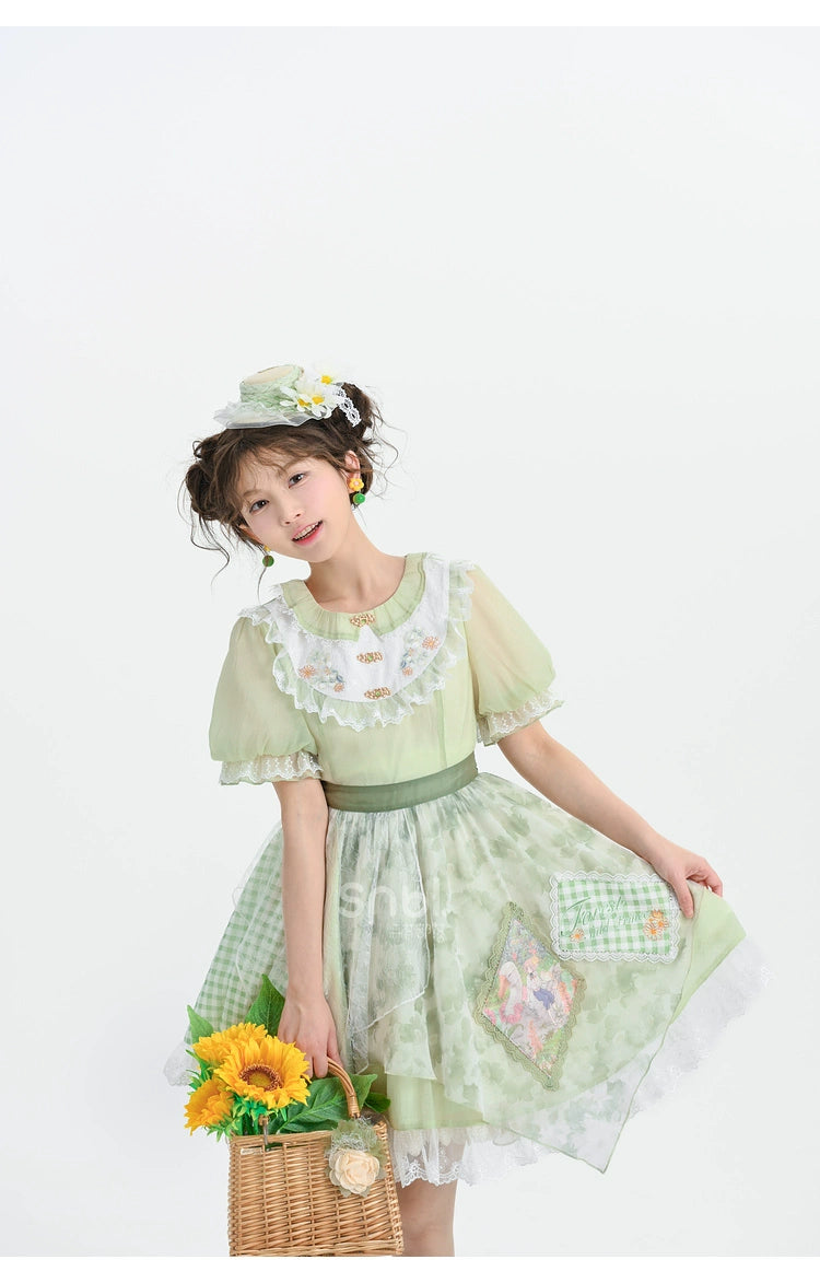 Cottagecore Dress Green Patchwork Lace Lolita Dress 35906:568360