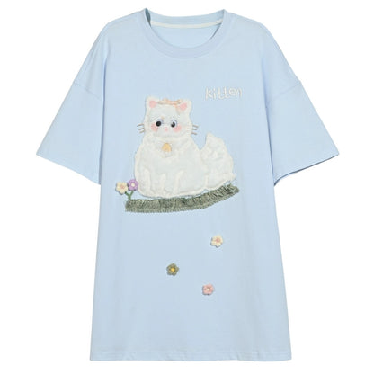 Kawaii T-shirt Short Sleeves Cotton Top Patch Embroidery (Blue / L M S) 35896:559586