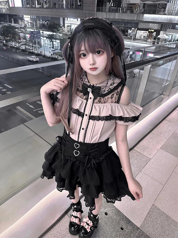Jirai Kei Off Shoulder Blouse, Tiered Skirt 45584:856528