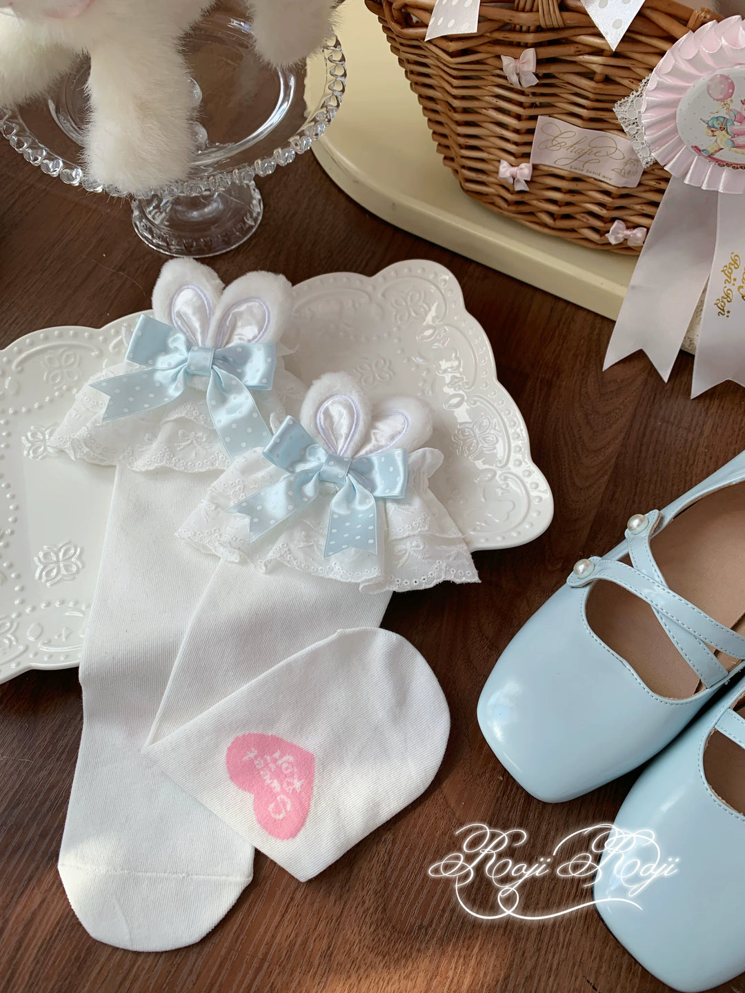 Sweet Lolita Mid-Calf Cotton Socks, Bunny Ears, Polka Dots 44712:819614