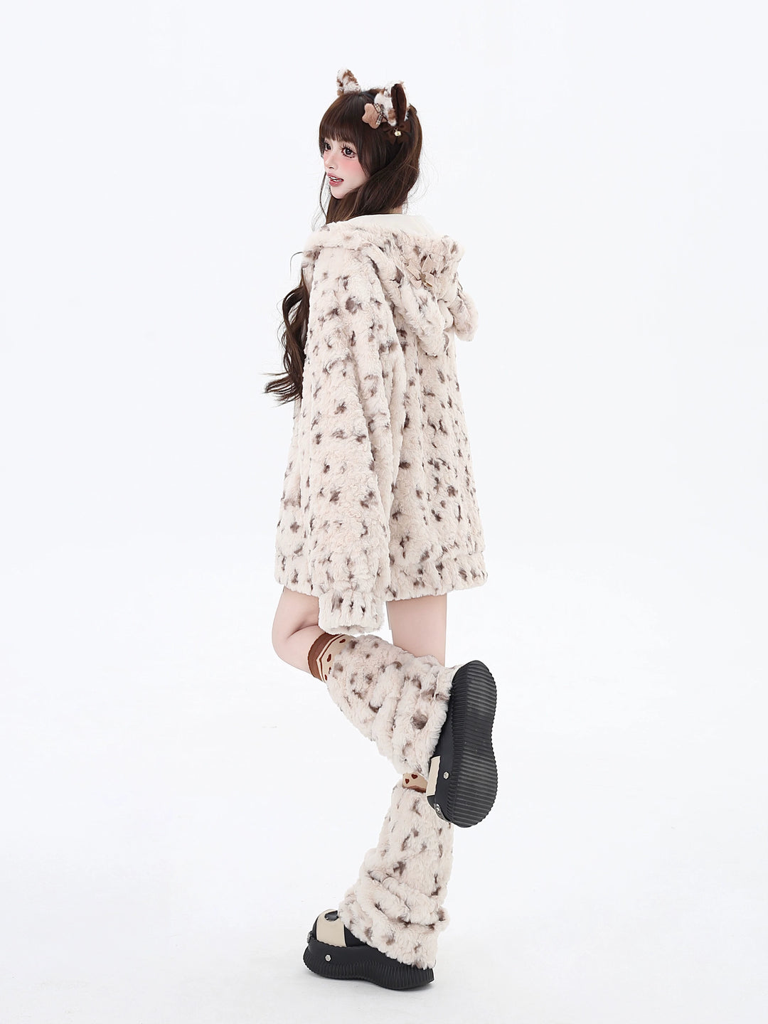 Jirai Kei Fleece Coat Leopard Print Hooded Jacket 40746:677796