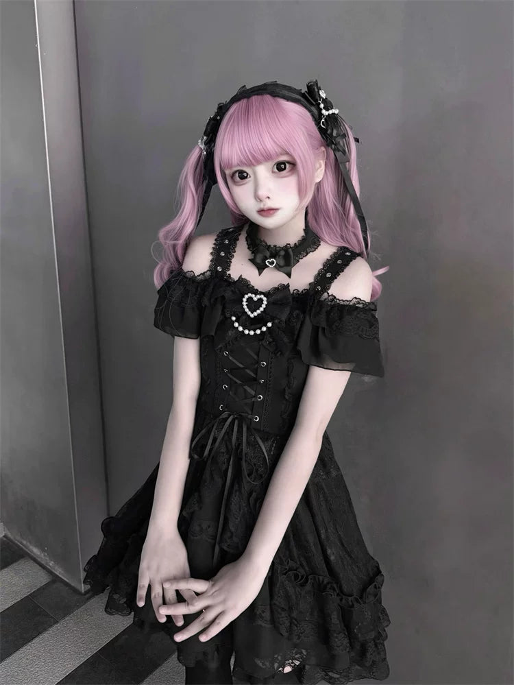 Black Jirai Kei Open Shoulder Dress, Rhinestone Strap 44950:832351