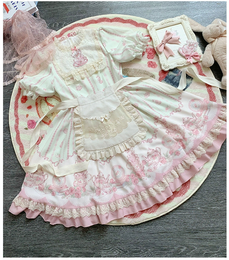 Classic Lolita Dress With Short Sleeve And Floral Tea Pot Print Multicolor 37134:552502