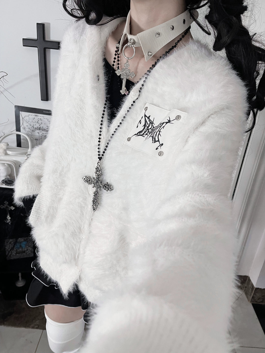 White/Black Knitted Coat, Long Bunny Ear Hood 44334:804901