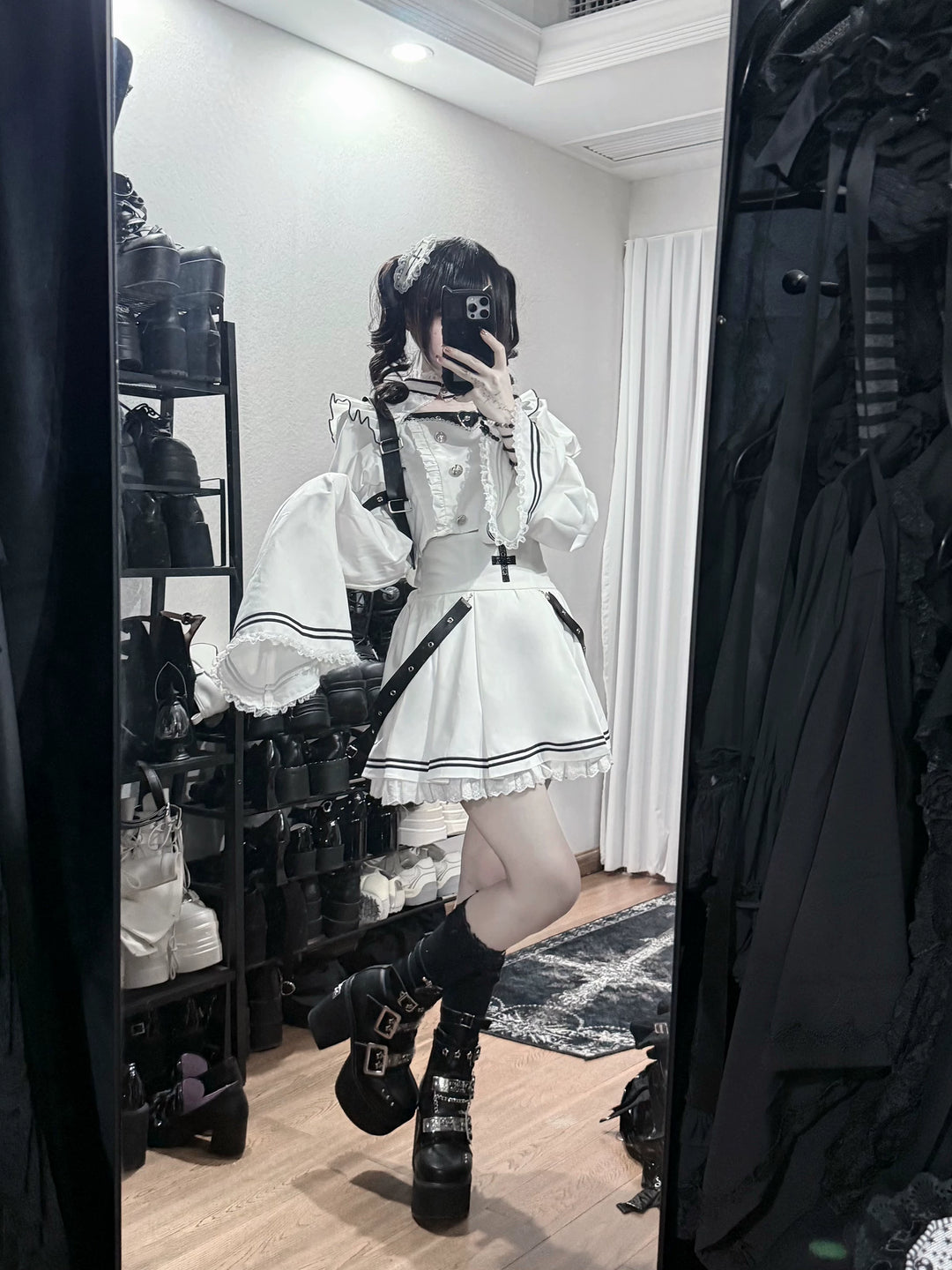 Black-and-White Gothic Top and Skirt Set, Belt & Lace 46072:874670