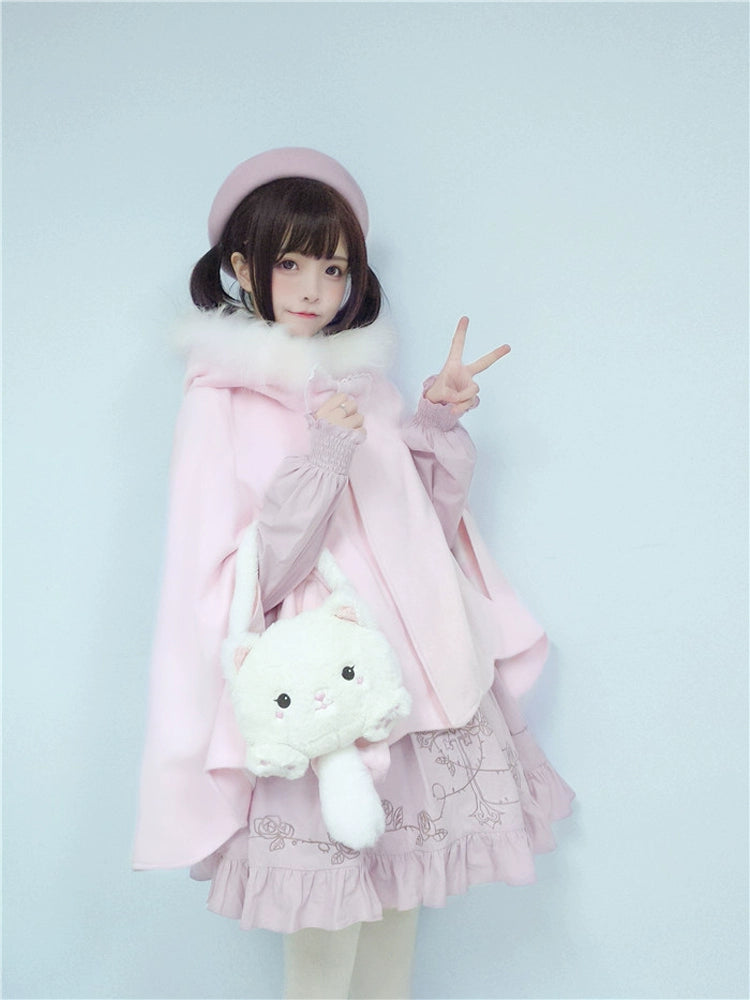 Sweet Lolita Winter Coat Woolen Coat Petal Hem Hooded Cape 40652:672146