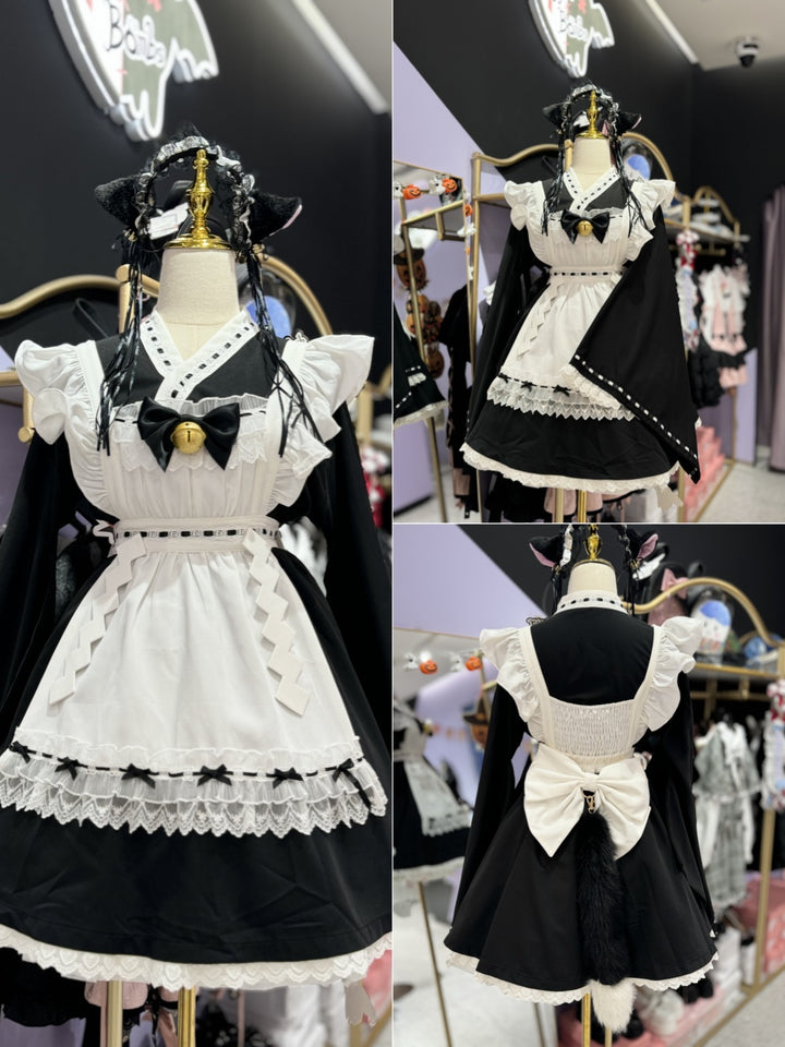 Kawaii Black Maid Blouse Flutter Sleeve Apron Suspender Skirt Set 42282:735187