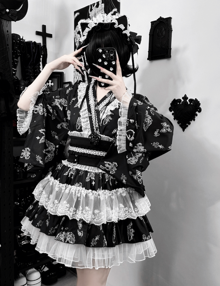 Gothic Blouse and Skirt Yukata Set, Wing Print (L M) 45129:835609