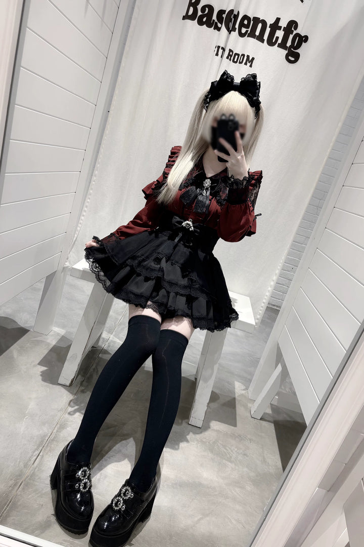 Jirai Kei Long Sleeve Blouse, Lace Overlay and Heart Buttons 44589:815148