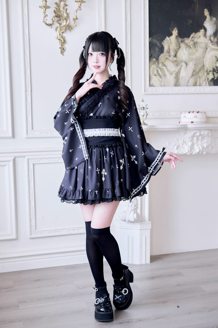 Wa-Style Jirai Kei Kimono Blouse + Ruffle SKirt + Wide Obi Belt 42799:765955