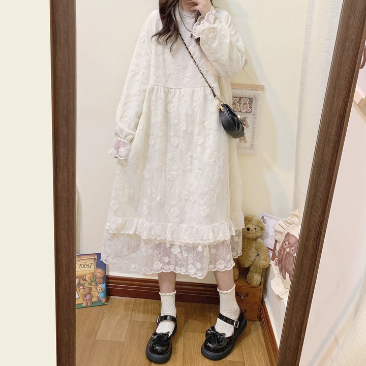 Mori Kei Dress Lace Long Sleeve Fleece-Lined Dress 39434:635842