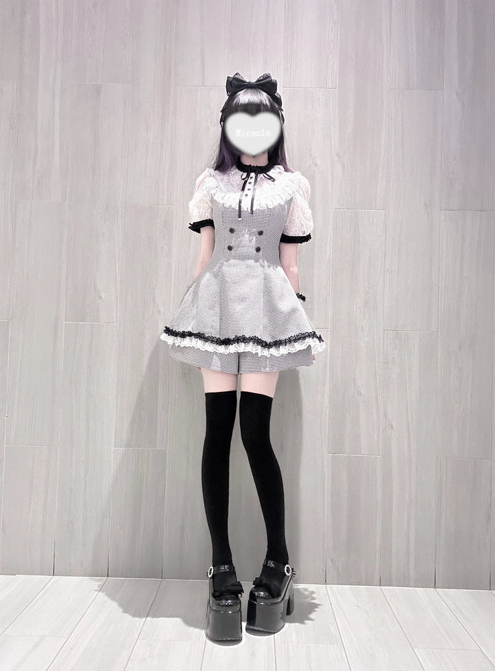 Jirai Kei Houndstooth Pattern Dress, Lace & Detachable Sleeves 44922:828283