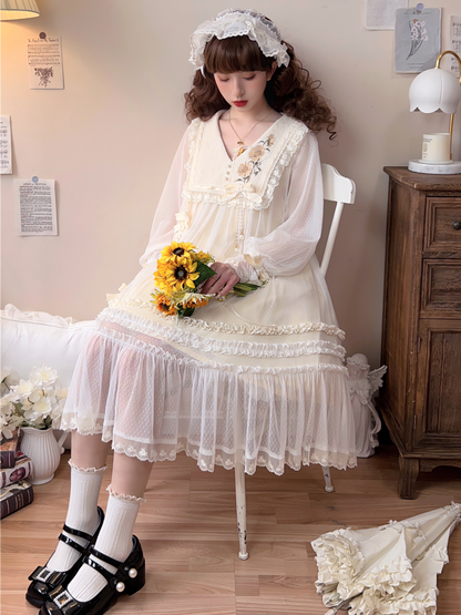 Sunflower Daily Lolita Dress Mori Kei Dress Long Sleeve Dress 36478:552298